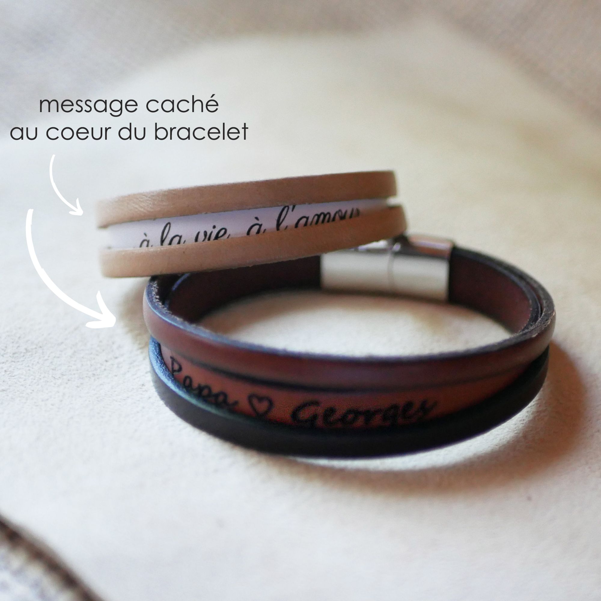 Bracelet cuir homme bicolore avec message gravé caché