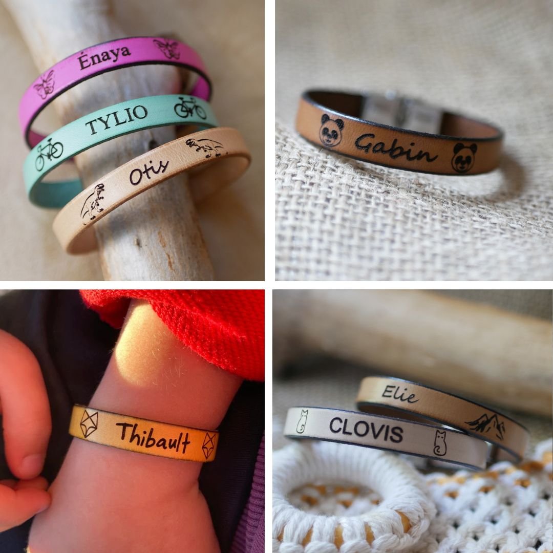 Bracelet enfant en cuir personnalisé gravé prénom encadré de dessins au choix