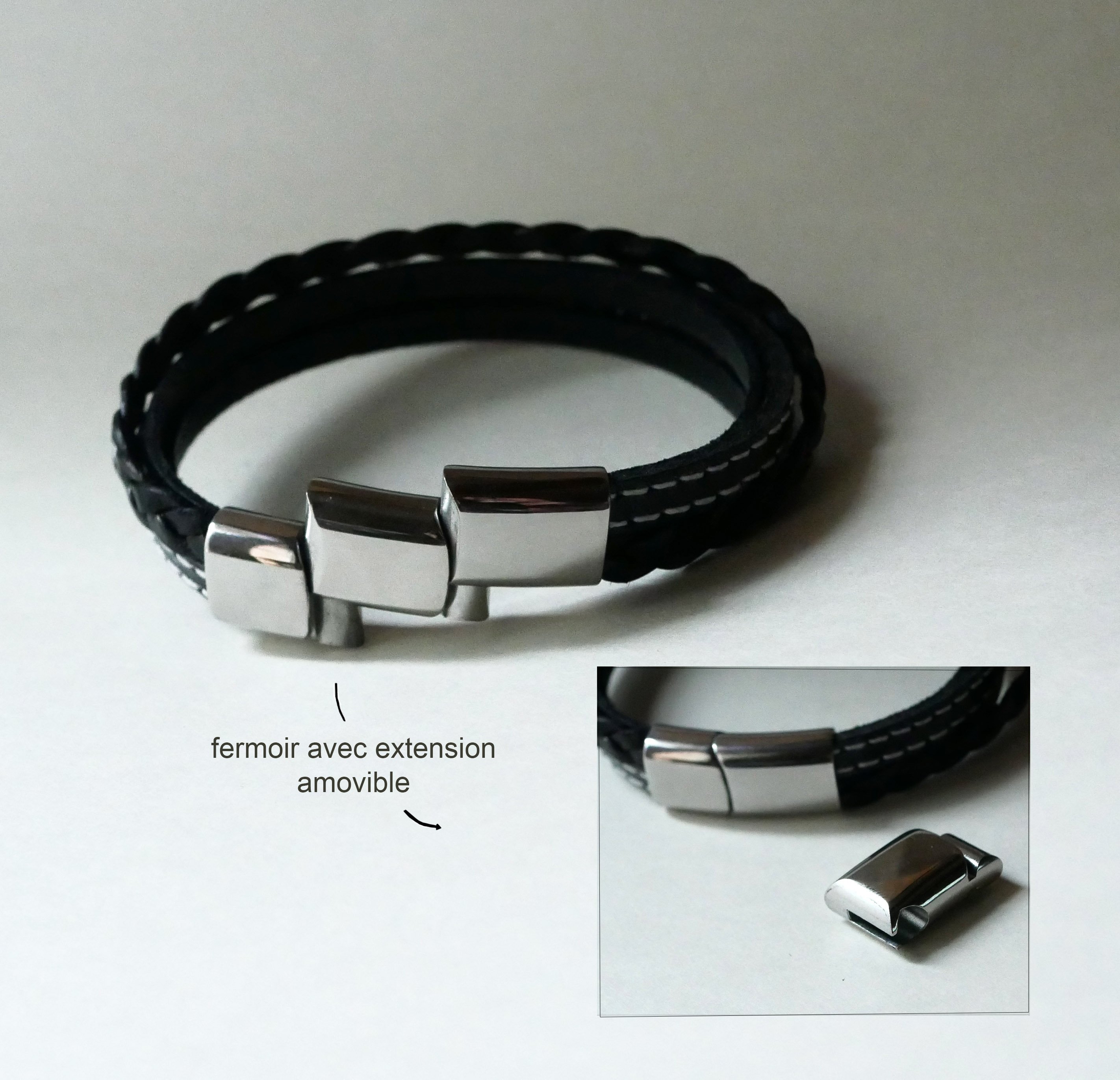 Bracelet manchette multi cuirs noirs pour homme