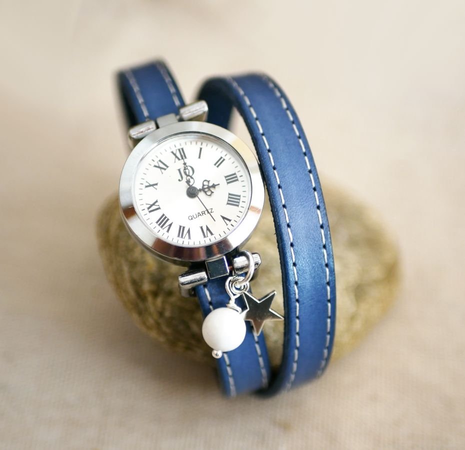 Montre bracelet best sale cuir bleu