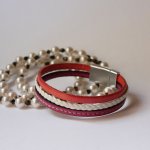 Bracelet manchette multi-cuirs tressé surpiqué Blanc et Corail