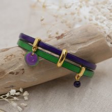 Bracelet duo cuir aux breloques dorées et sequins violet vert 