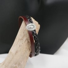 Bracelet médaillon duo cuir tressé noir et marron vintage fermoir magnétique